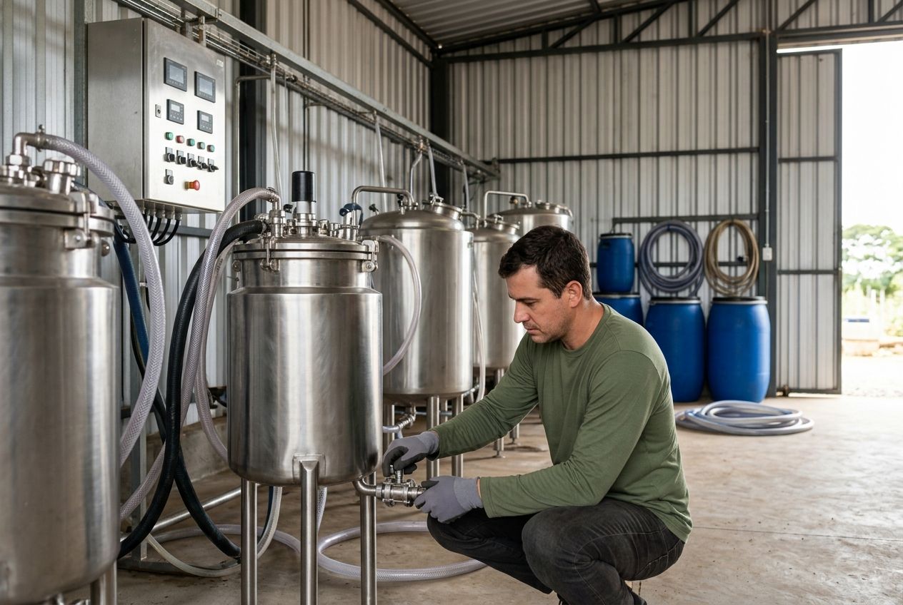 Biorreatores de inox e mangueiras no galpão onde o bioinsumo é produzido na propriedade