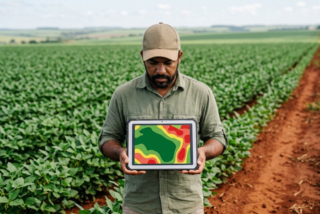Tablet mostrando mapa de zonas de manejo do talhão em faixas verdes, amarelas e vermelhas